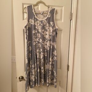 Elegant Navy and White Striped Floral Dress with Pockets